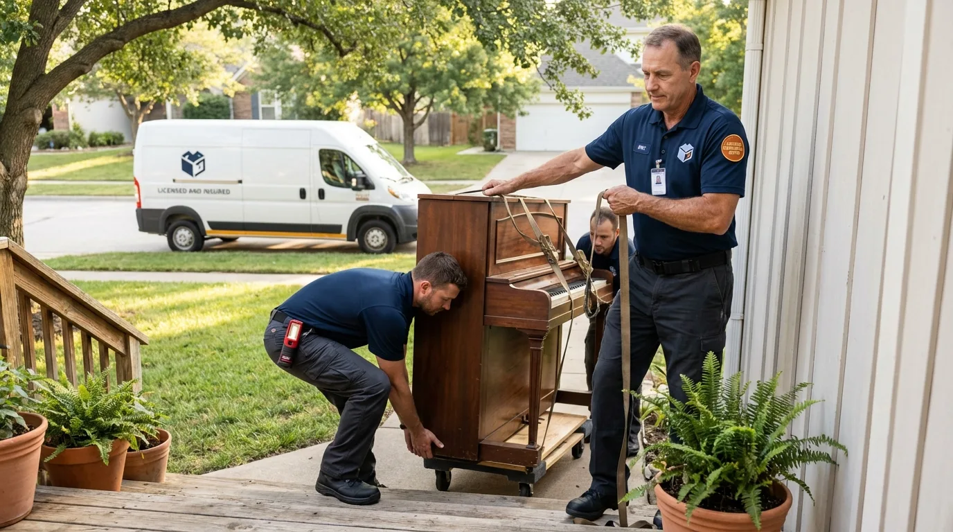 Licensed piano movers securing grand piano in Greenwich, CT