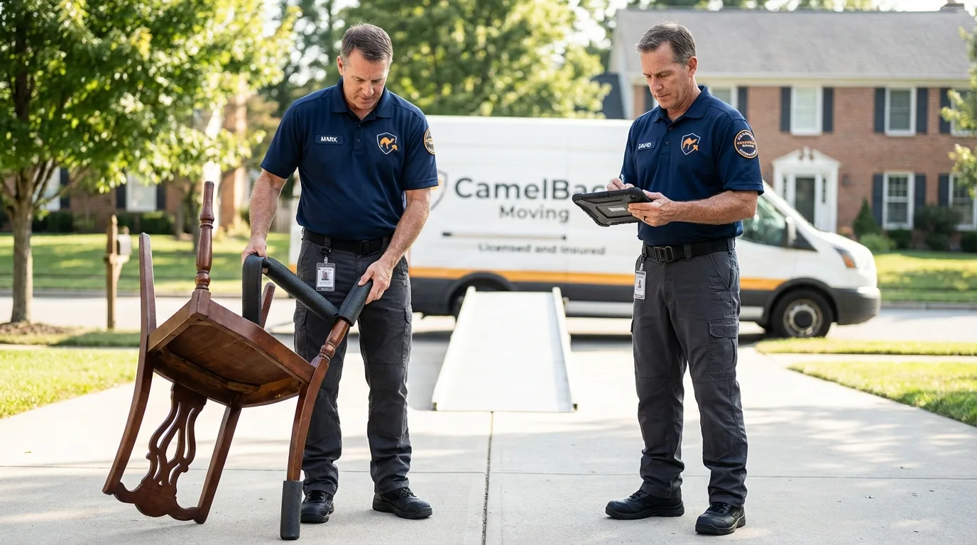 Movers inspecting furniture for damage prevention before loading in Greenwich, CT