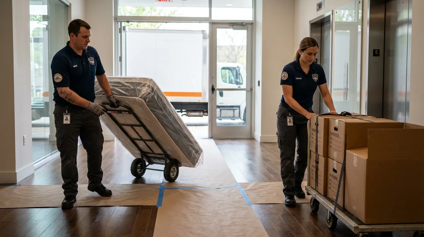 Professional apartment movers loading elevator in Greenwich, CT